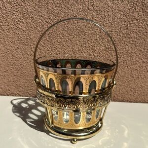Culver Pisa Ice Bucket w/ Stand Vintage MCM 24K Gold Green Glass Barware